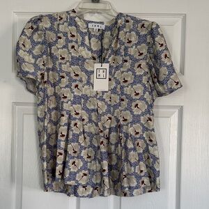 THML Women's Cream and Blue/Purple Patterned Blouse 23" L 18" Pit to Pit